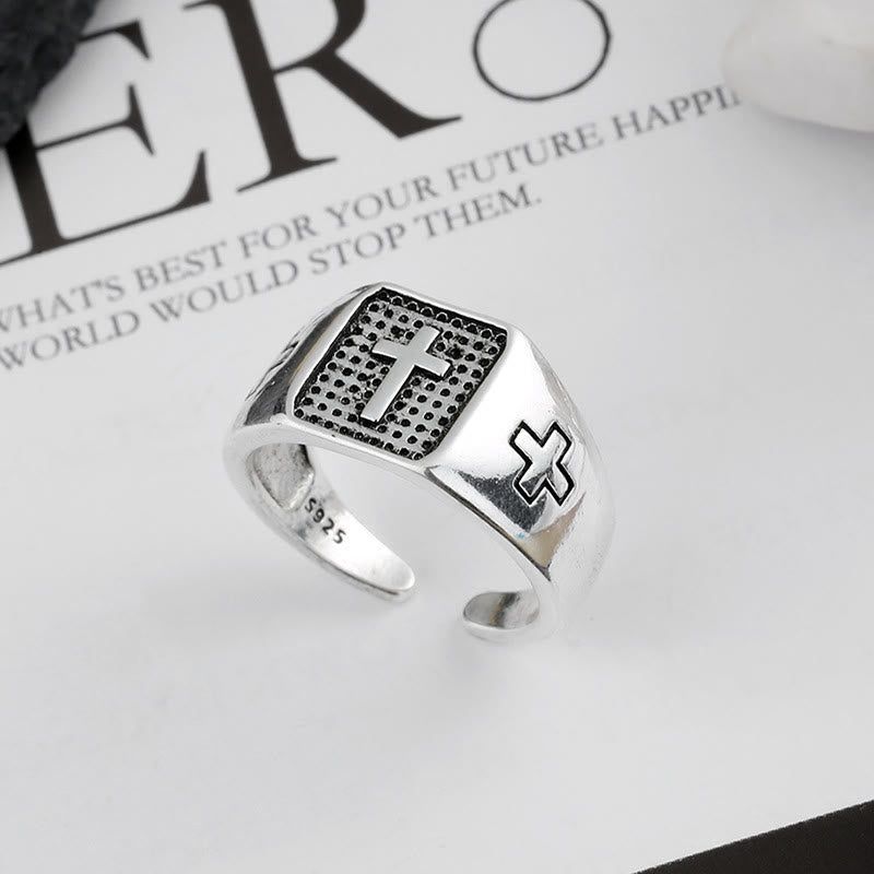 Anillo de Fe Ajustable de Plata de Ley 925 con Cruz Grabada Minimalista