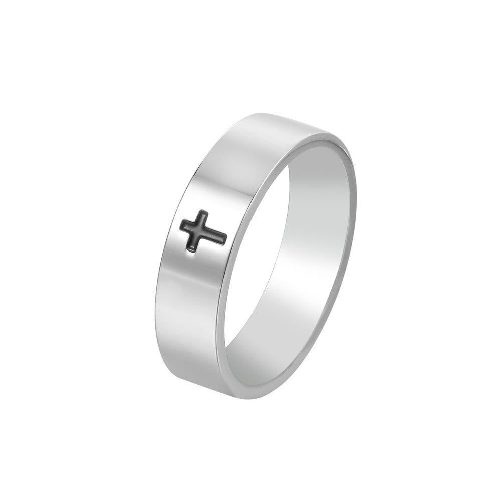 Anillo de Fe de Titanio con Cruz Grabada Brillante Estilo Minimalista