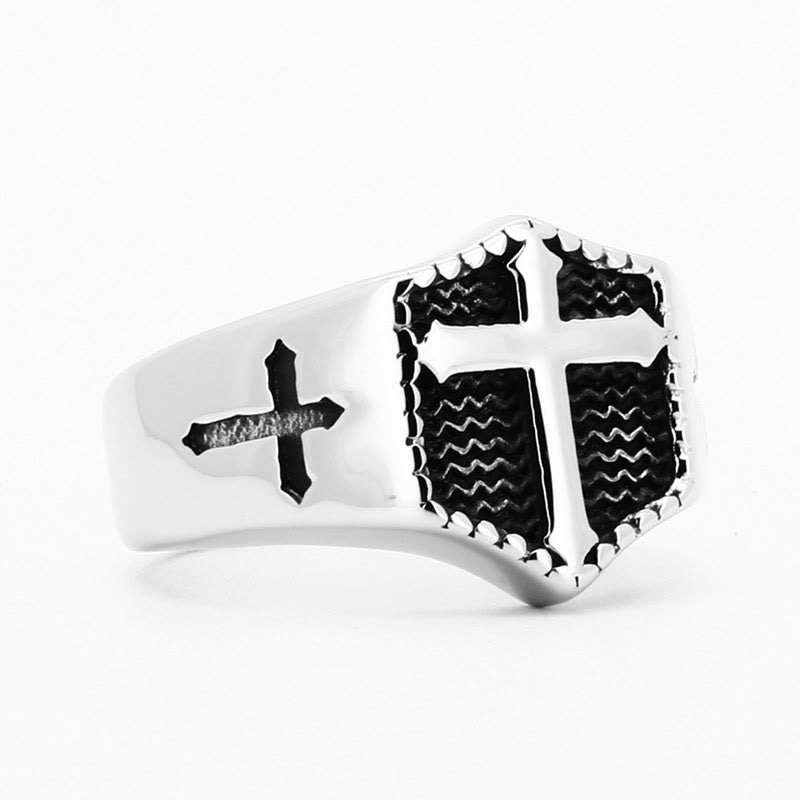Anillo de Fe de Acero Inoxidable con Cruz Grabada Estilo Retro Minimalista