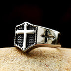 Anillo de Fe de Acero Inoxidable con Cruz Grabada Estilo Retro Minimalista