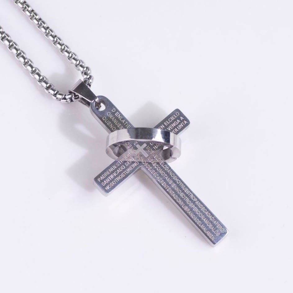 Collar de Fe con Dije de Cruz y Anillo con Versículo Bíblico Minimalista