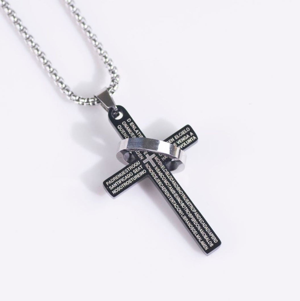 Collar de Fe con Dije de Cruz y Anillo con Versículo Bíblico Minimalista