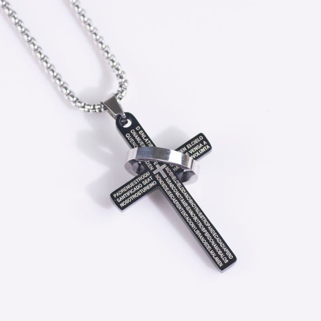 Collar de Fe con Dije de Cruz y Anillo con Versículo Bíblico Minimalista