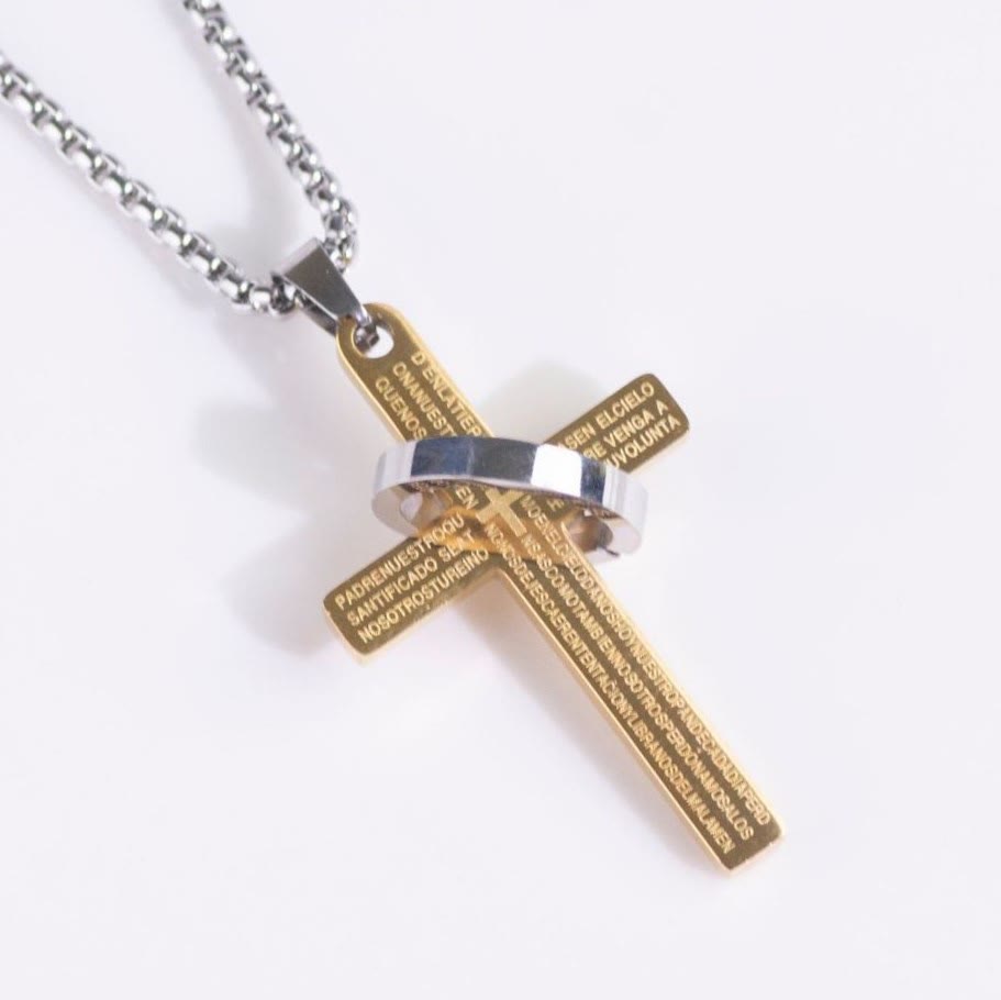 Collar de Fe con Dije de Cruz y Anillo con Versículo Bíblico Minimalista