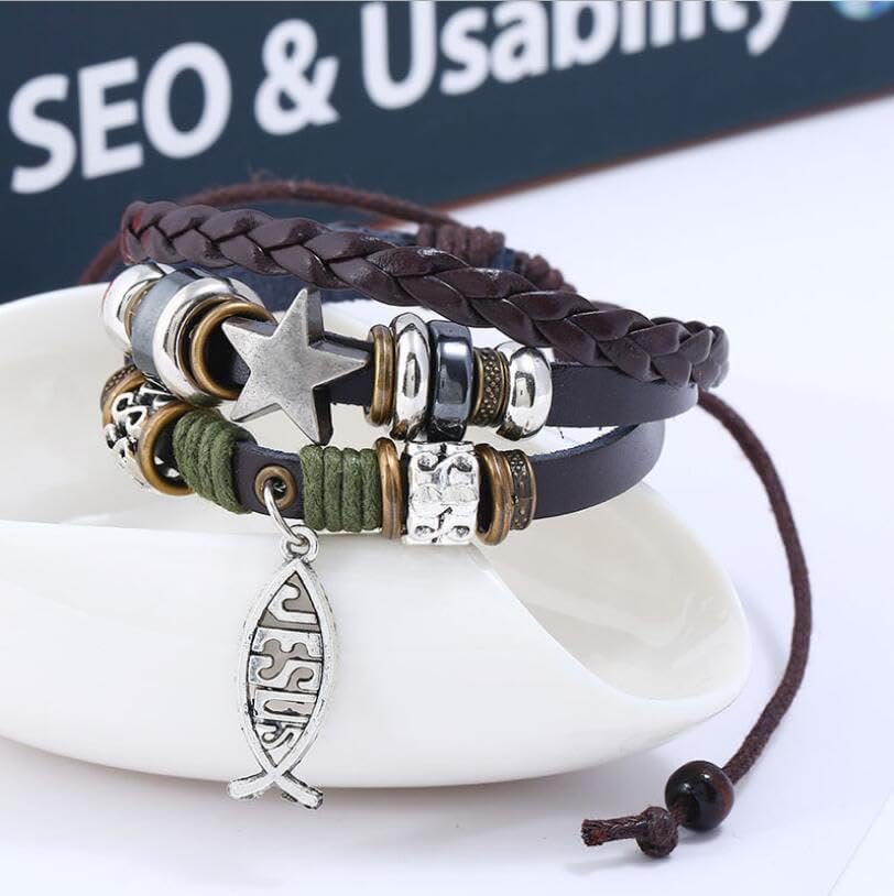 Pulsera Ajustable de Cordón de Cuero con Pez de Jesús Estilo Retro