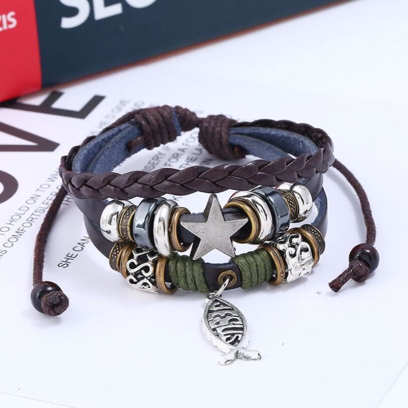 Pulsera Ajustable de Cordón de Cuero con Pez de Jesús Estilo Retro