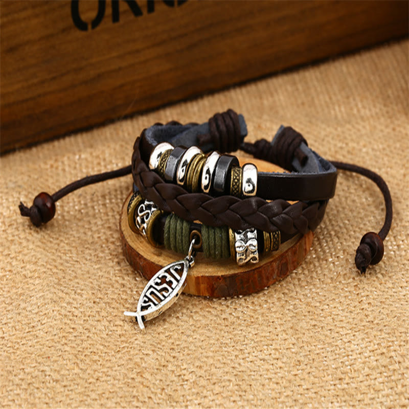 Pulsera Ajustable de Cordón de Cuero con Pez de Jesús Estilo Retro