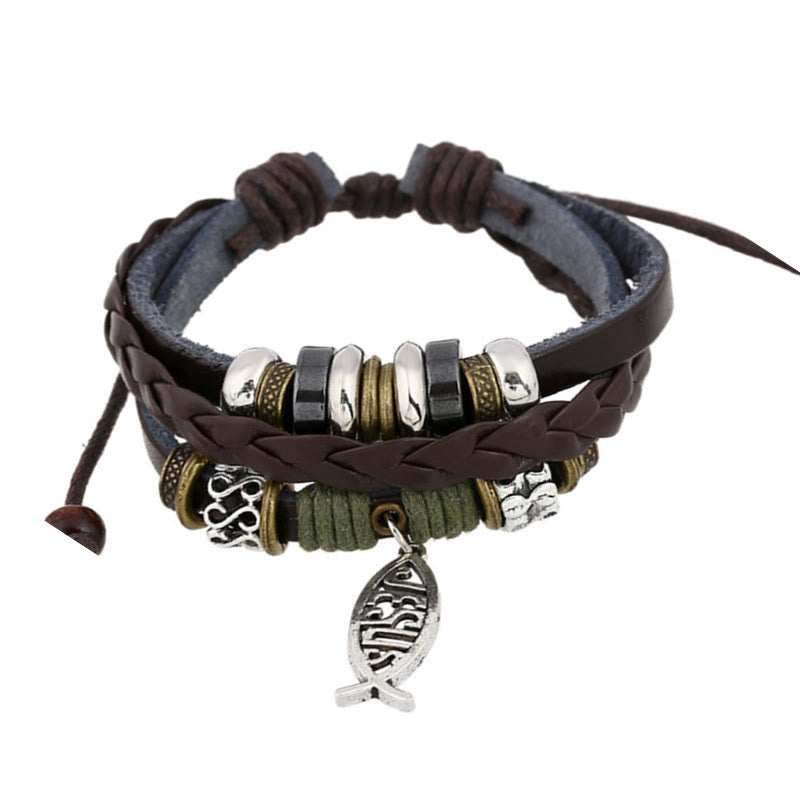 Pulsera Ajustable de Cordón de Cuero con Pez de Jesús Estilo Retro