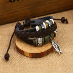 Pulsera Ajustable de Cordón de Cuero con Pez de Jesús Estilo Retro