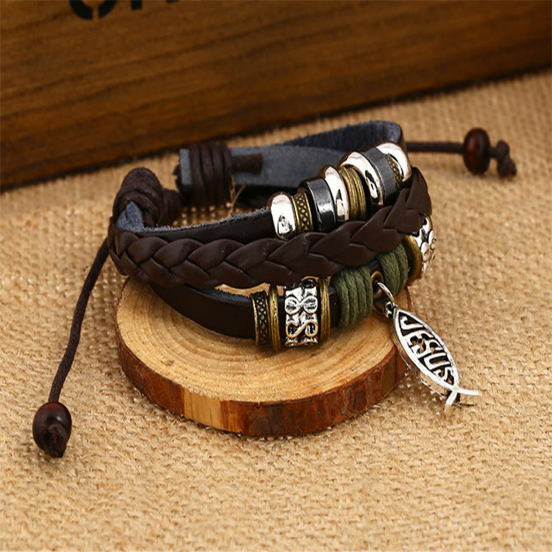 Pulsera Ajustable de Cordón de Cuero con Pez de Jesús Estilo Retro