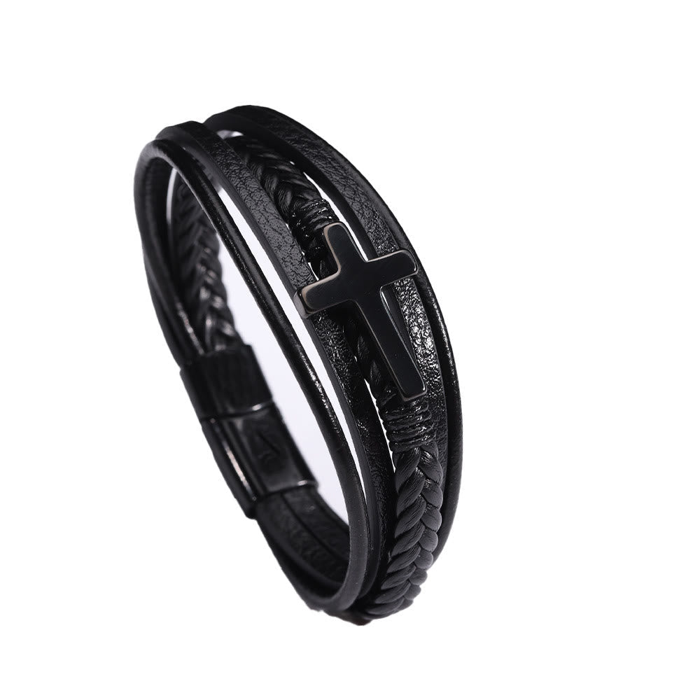 Pulsera Ancha de Cuero Negro con Cruz