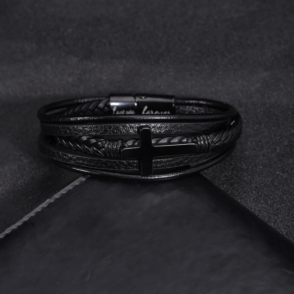 Pulsera Ancha de Cuero Negro con Cruz