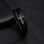 Pulsera Ancha de Cuero Negro con Cruz