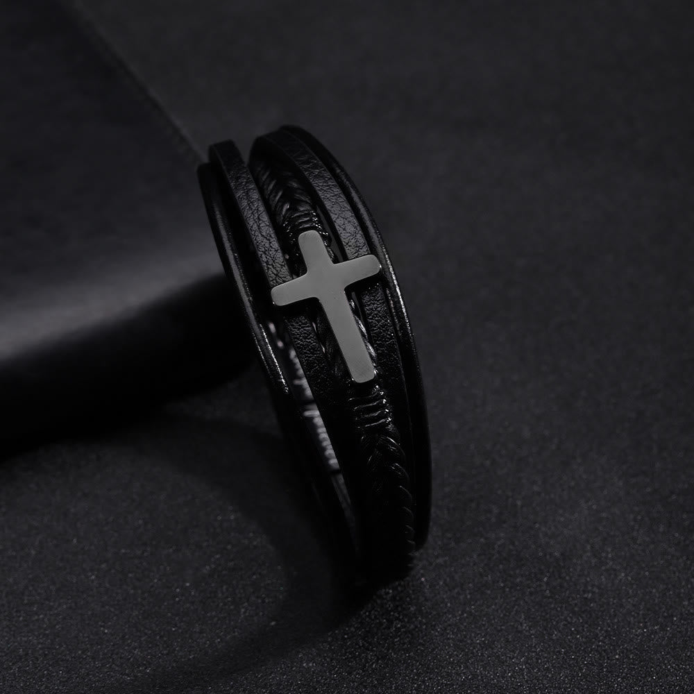 Pulsera Ancha de Cuero Negro con Cruz