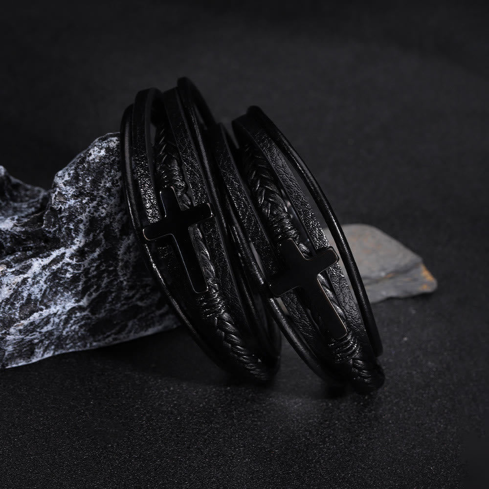 Pulsera Ancha de Cuero Negro con Cruz