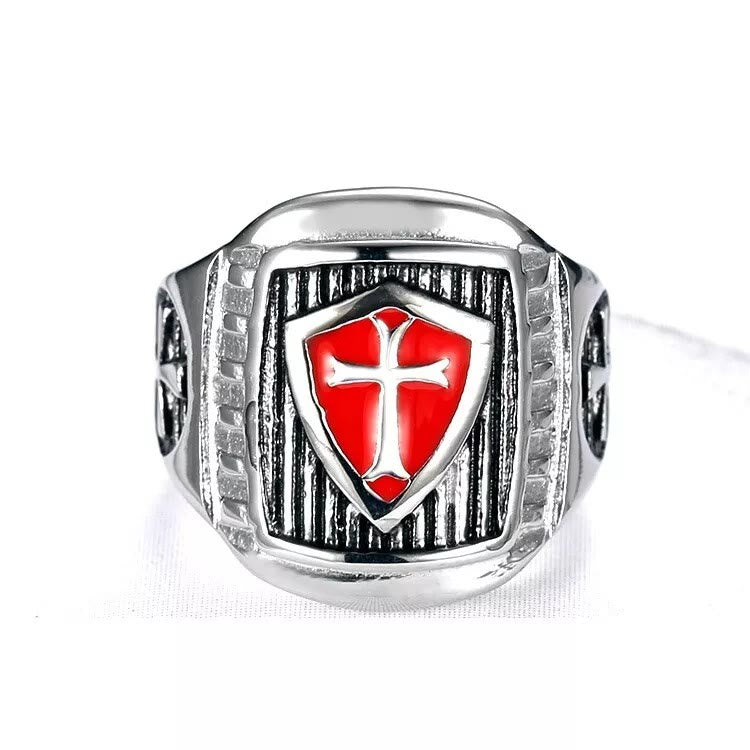 Anillo Escudo Templario con Cruz - Emblema Sagrado de Valor y Fe