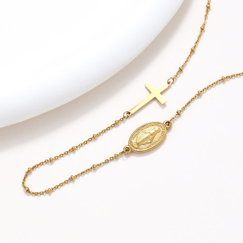 Collar Elegante Tono Oro con Medalla Milagrosa y Dije de Cruz Sencilla