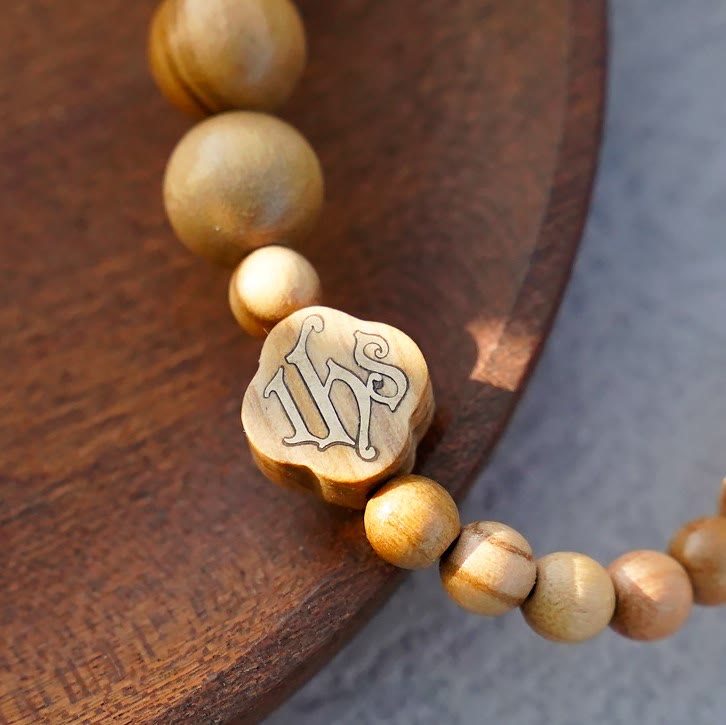 Pulsera Elástica Portátil de Rosario de Rosas en Madera de Olivo