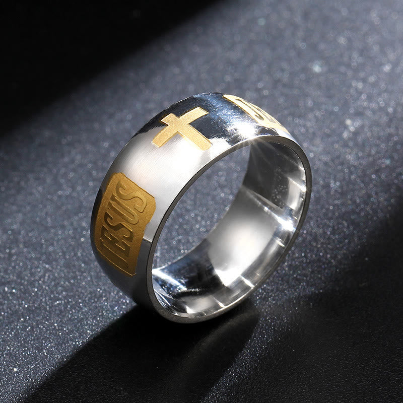 Anillo Bendecido con Símbolo JESÚS y Cruz Dorado en Dos Tonos