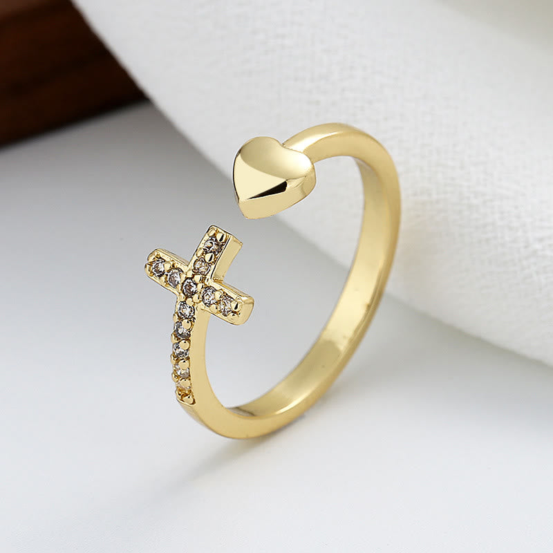 Anillo Ajustable Minimalista Bendecido con Símbolo de Corazón y Cruz en 3 Colores