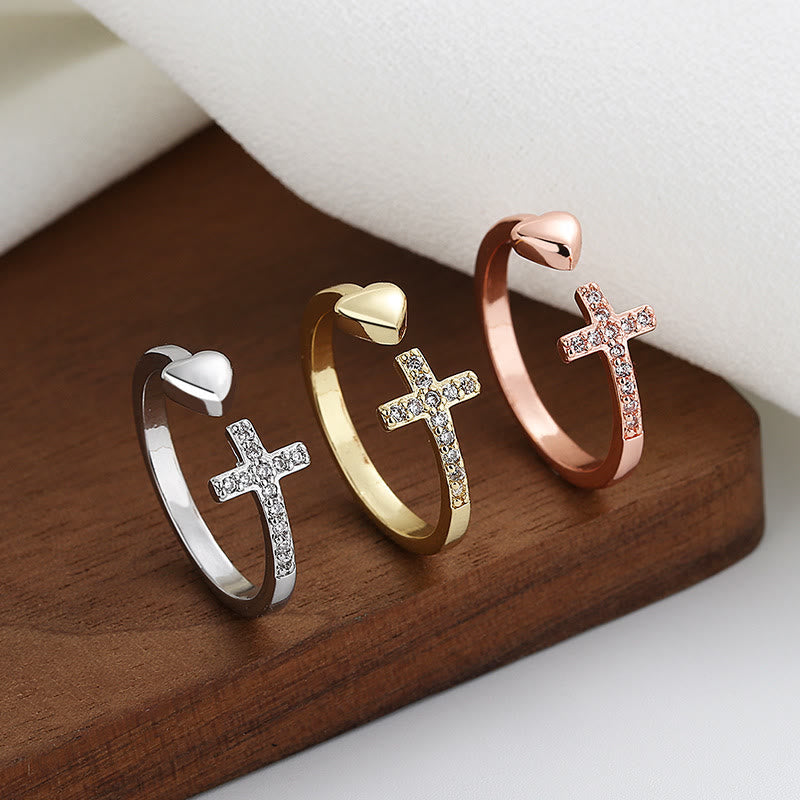 Anillo Ajustable Minimalista Bendecido con Símbolo de Corazón y Cruz en 3 Colores