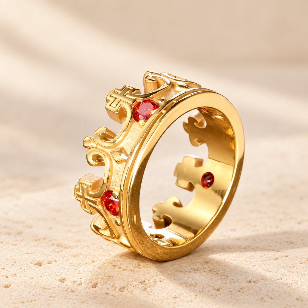 4colors The Crown of Faith Cross Ring-Red Gemstones Set Divine Design