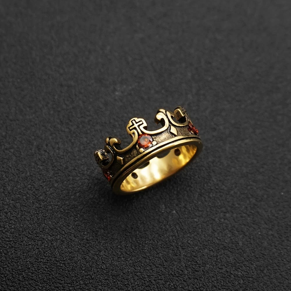 Anillo Corona de la Fe con Cruz en 4 Colores - Gemas Rojas de Diseño Divino