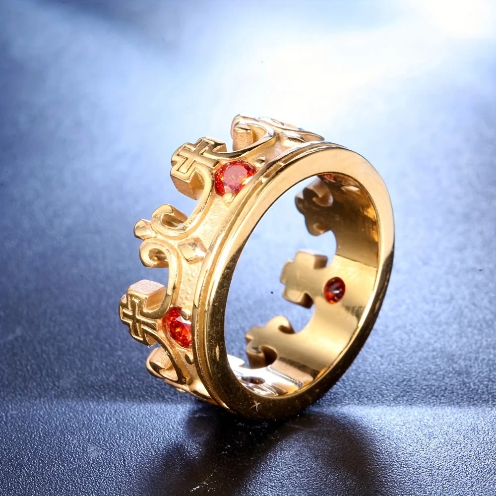Anillo Corona de la Fe con Cruz en 4 Colores - Gemas Rojas de Diseño Divino