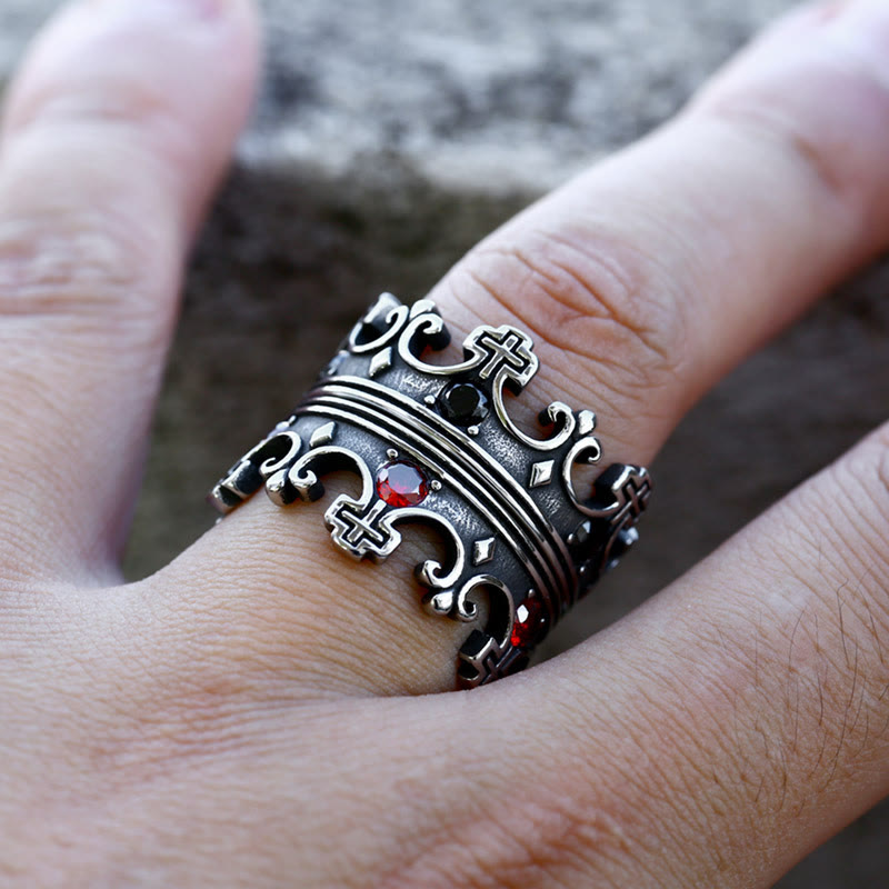 Anillo Corona de la Fe con Cruz en 4 Colores - Gemas Rojas de Diseño Divino
