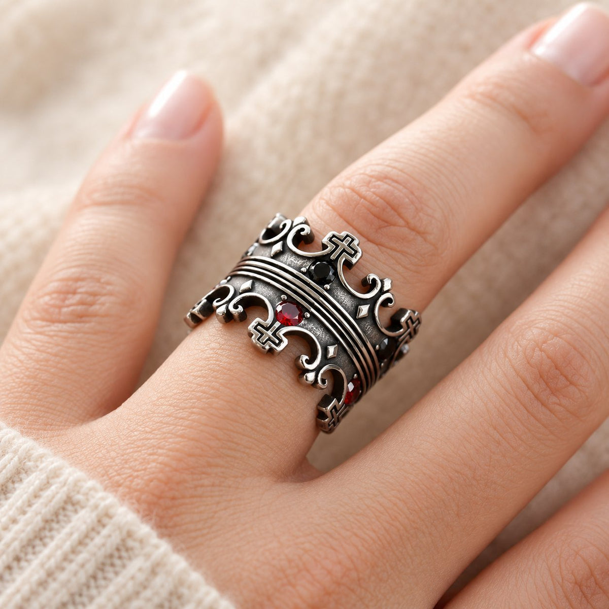 4colors The Crown of Faith Cross Ring-Red Gemstones Set Divine Design