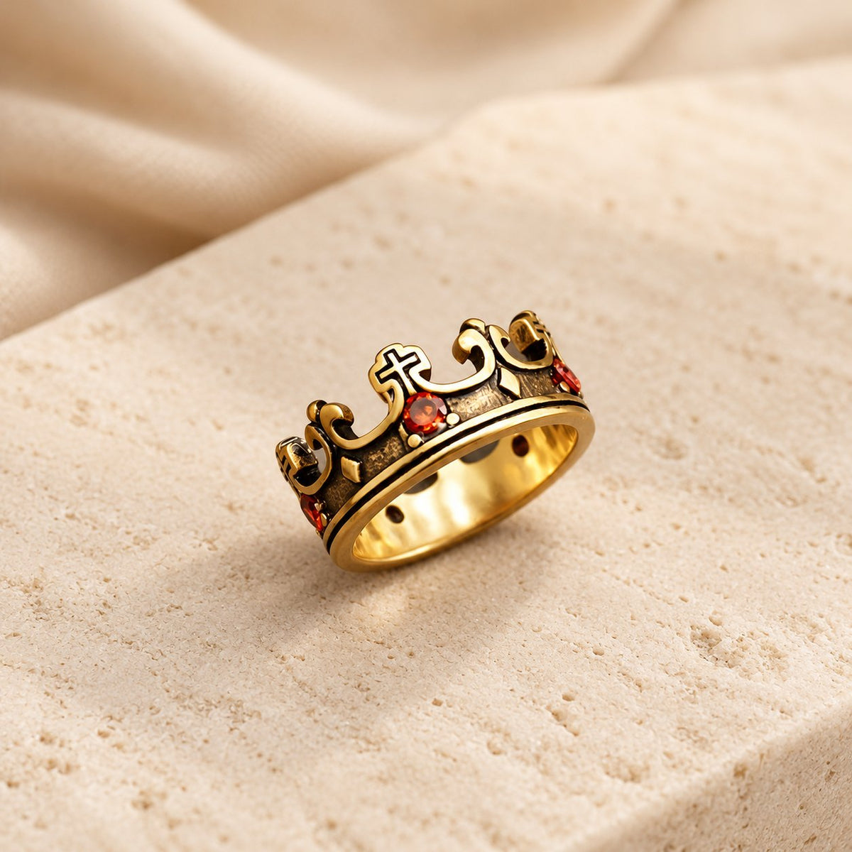4colors The Crown of Faith Cross Ring-Red Gemstones Set Divine Design