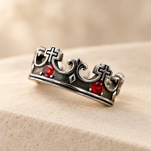 4colors The Crown of Faith Cross Ring-Red Gemstones Set Divine Design