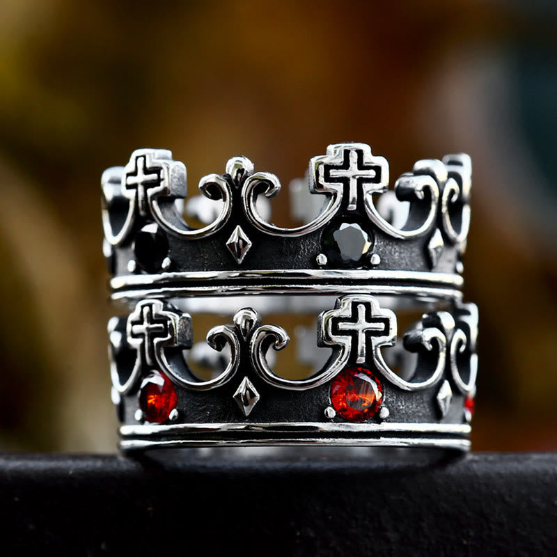 Anillo Corona de la Fe con Cruz en 4 Colores - Gemas Rojas de Diseño Divino