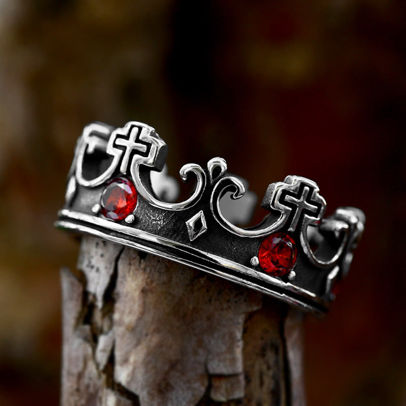 Anillo Corona de la Fe con Cruz en 4 Colores - Gemas Rojas de Diseño Divino