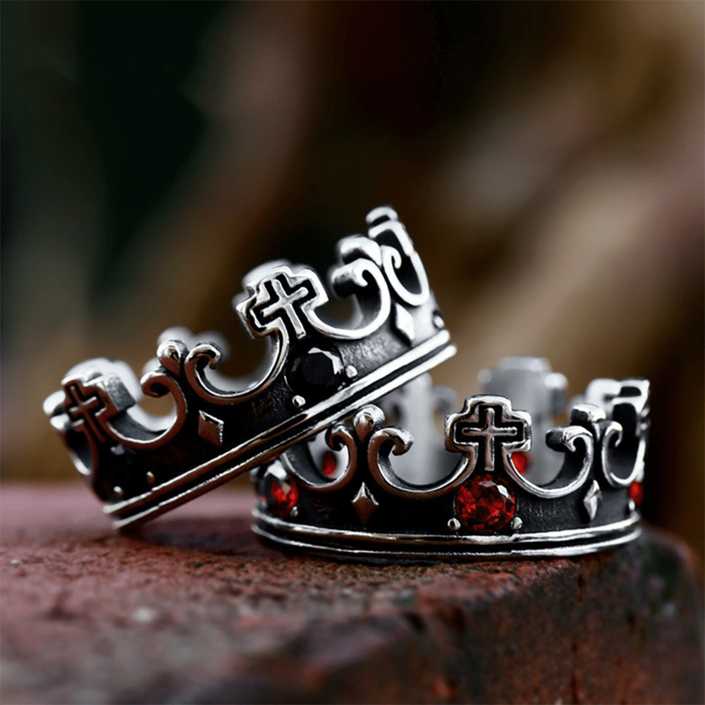 Anillo Corona de la Fe con Cruz en 4 Colores - Gemas Rojas de Diseño Divino