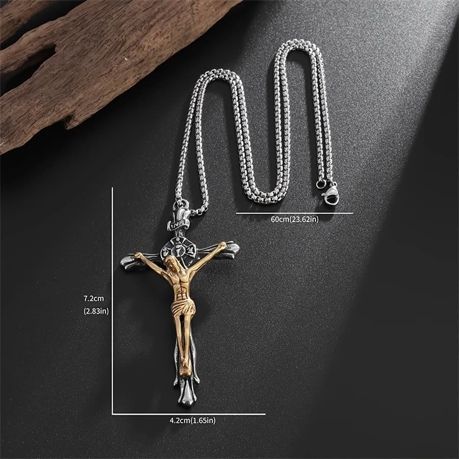 Collar Crucifijo de Acero Artesanal en Dos Tonos - El Sacrificio Divino