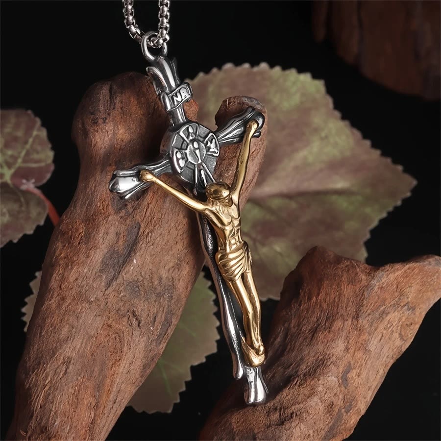 Collar Crucifijo de Acero Artesanal en Dos Tonos - El Sacrificio Divino