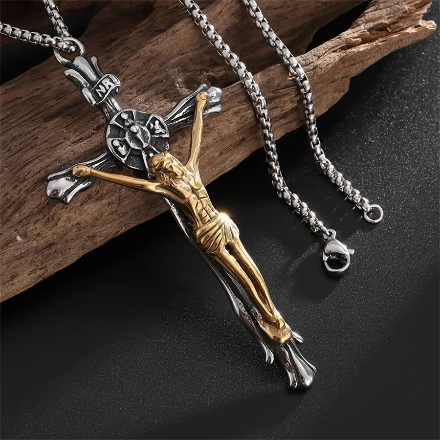 Collar Crucifijo de Acero Artesanal en Dos Tonos - El Sacrificio Divino