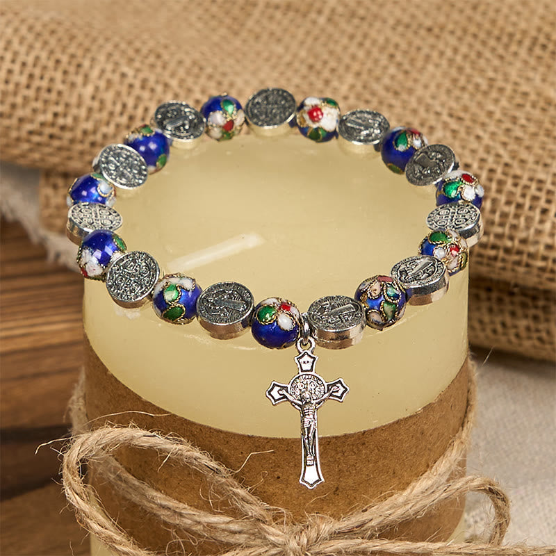Pulsera Artesanal de Bendición Divina con Cuentas de Cloisonné Azul: Símbolo de Fe