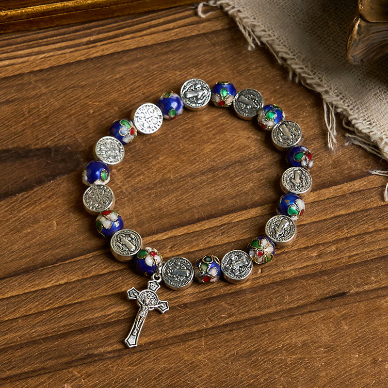 Pulsera Artesanal de Bendición Divina con Cuentas de Cloisonné Azul: Símbolo de Fe