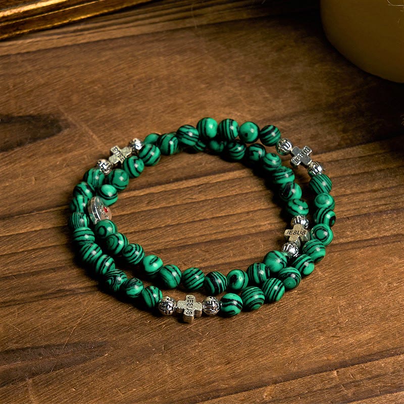 Pulsera Rosario de Fe con Cuentas de Malaquita Verde y Cruz "Amo a Jesús"