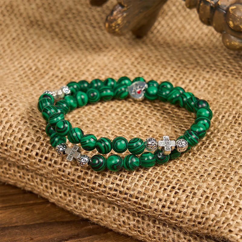Pulsera Rosario de Fe con Cuentas de Malaquita Verde y Cruz "Amo a Jesús"