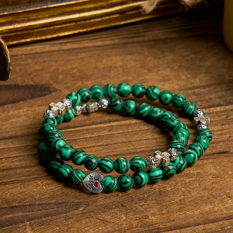 Pulsera Rosario de Fe con Cuentas de Malaquita Verde y Cruz "Amo a Jesús"