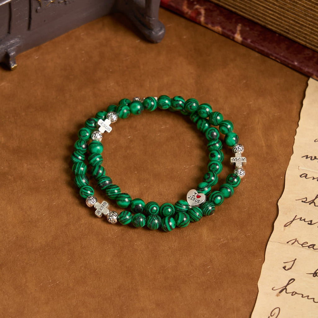 Pulsera Rosario de Fe con Cuentas de Malaquita Verde y Cruz "Amo a Jesús"