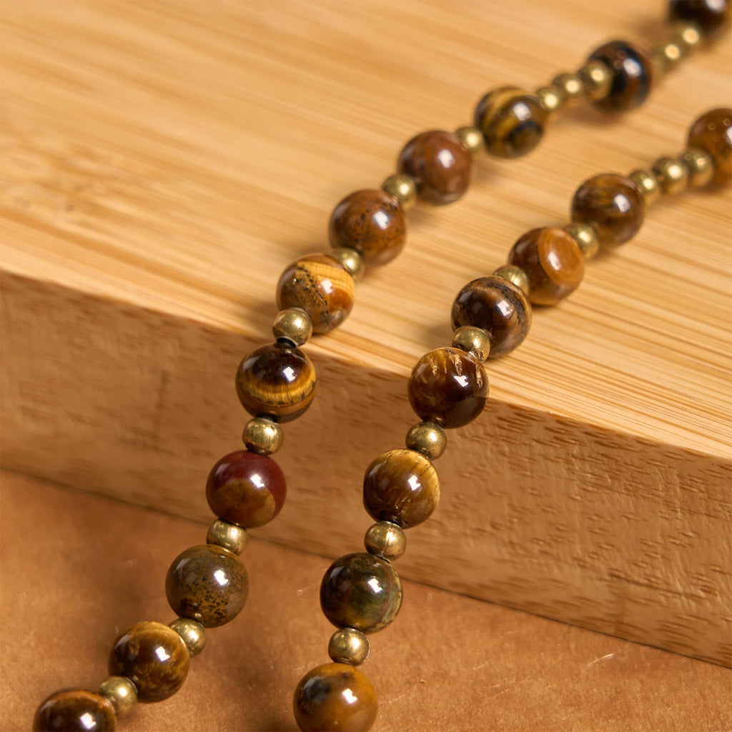 Pulsera Rosario Elástica Artesanal de Ojo de Tigre: Joya Espiritual de Doble Uso