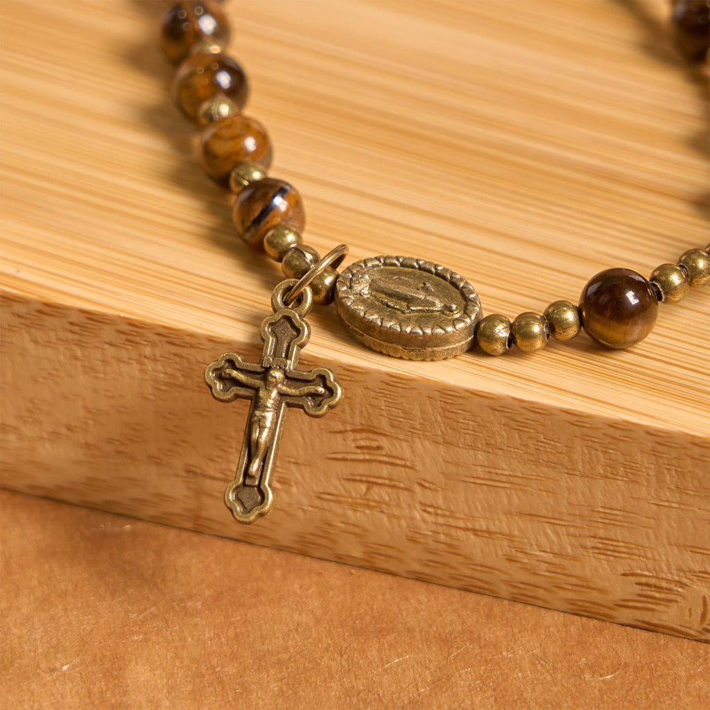 Pulsera Rosario Elástica Artesanal de Ojo de Tigre: Joya Espiritual de Doble Uso