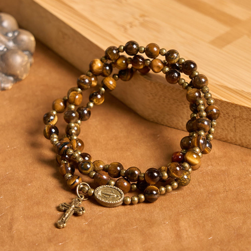 Pulsera Rosario Elástica Artesanal de Ojo de Tigre: Joya Espiritual de Doble Uso