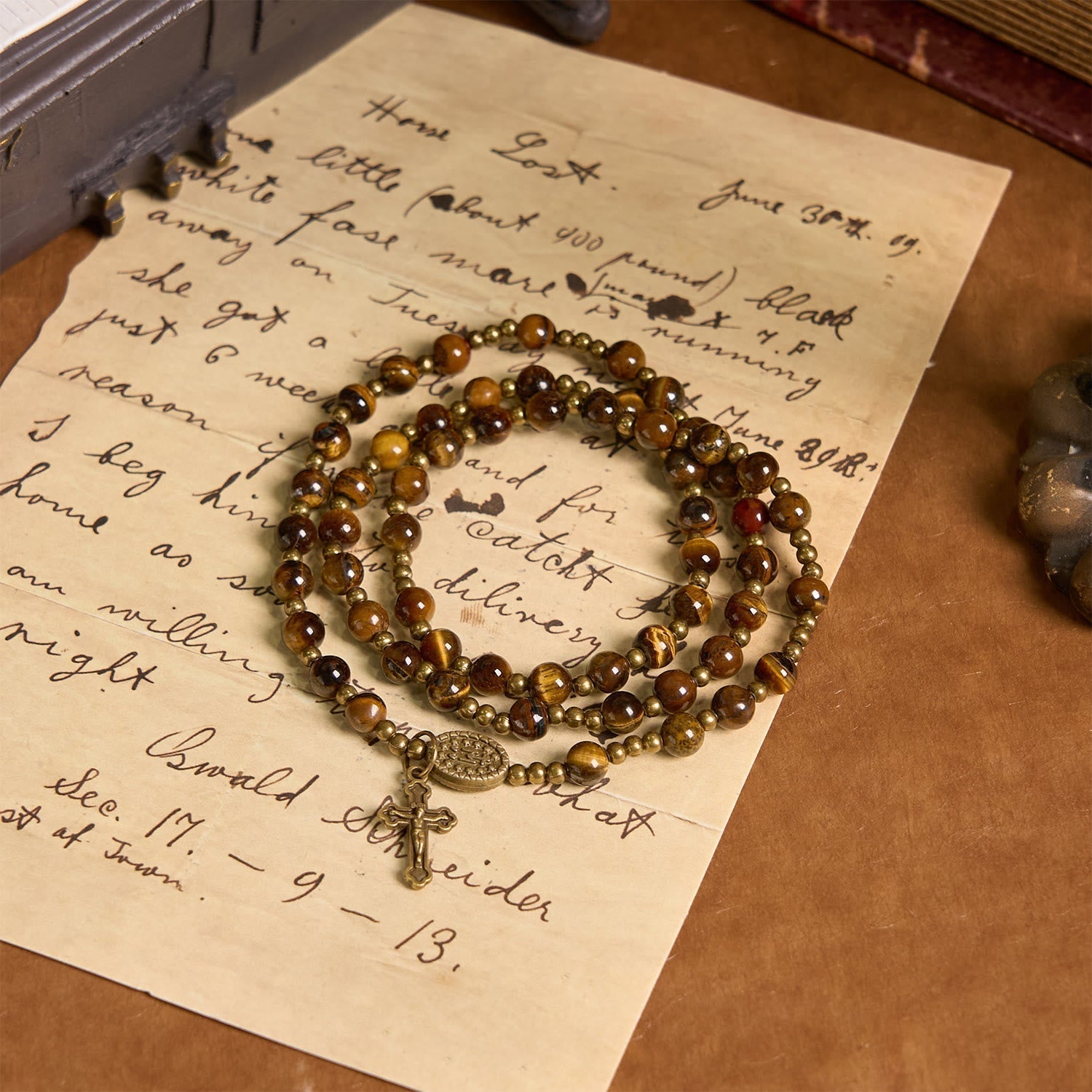 Pulsera Rosario Elástica Artesanal de Ojo de Tigre: Joya Espiritual de Doble Uso