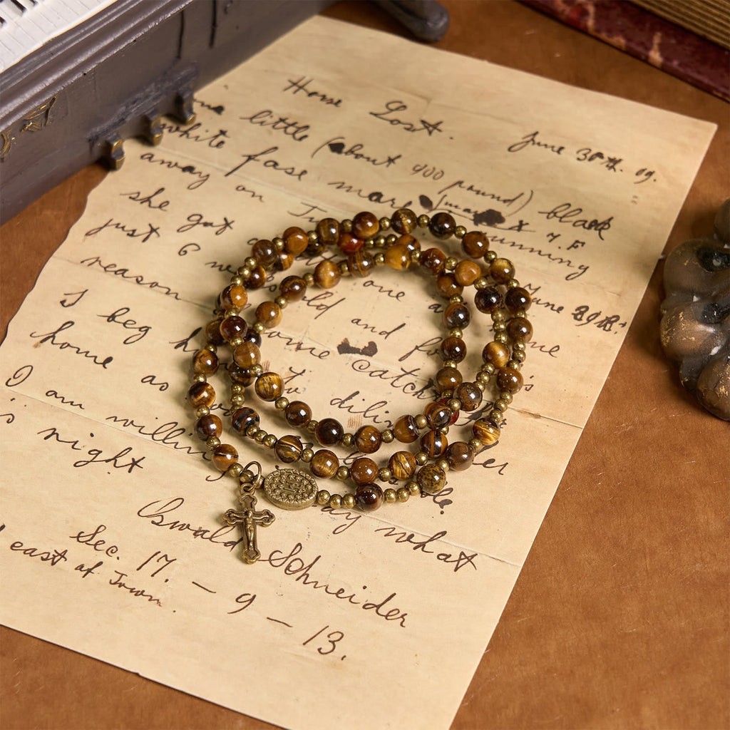 Pulsera Rosario Elástica Artesanal de Ojo de Tigre: Joya Espiritual de Doble Uso