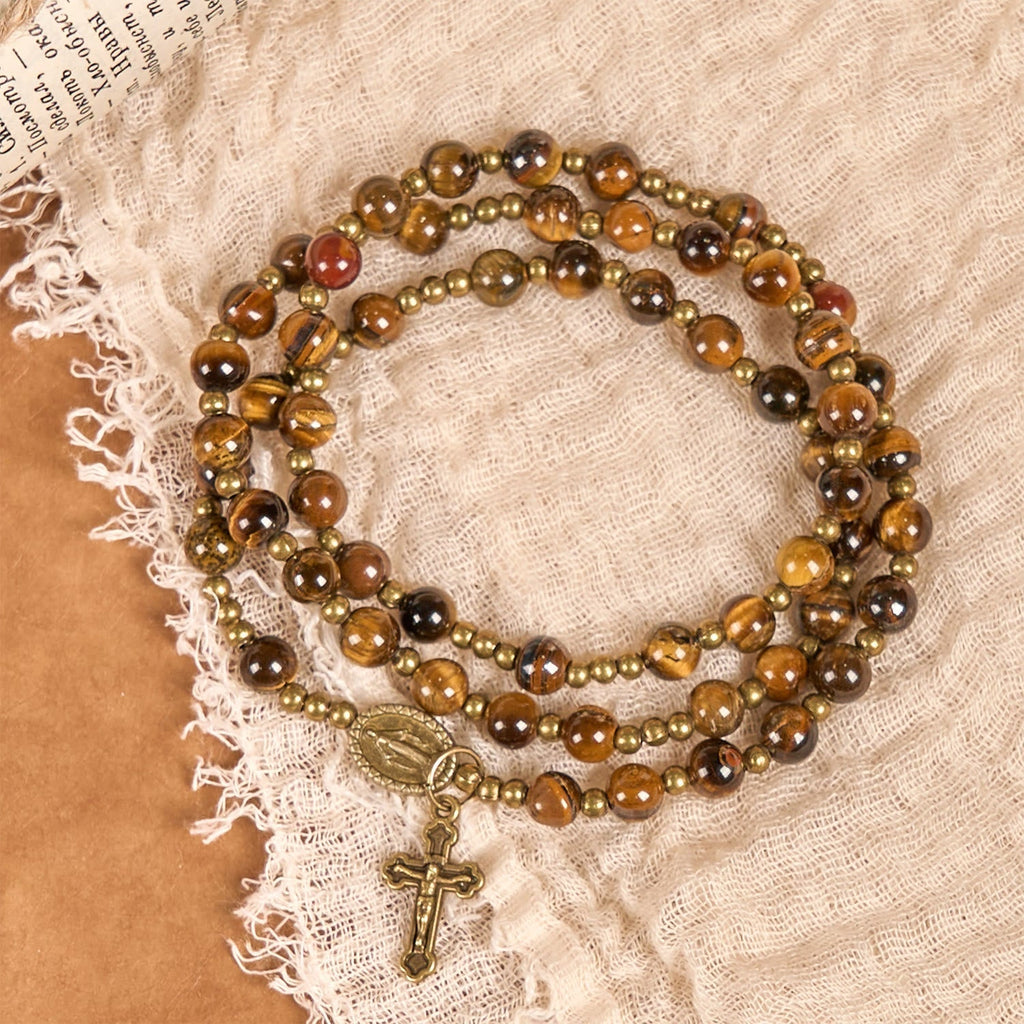Pulsera Rosario Elástica Artesanal de Ojo de Tigre: Joya Espiritual de Doble Uso